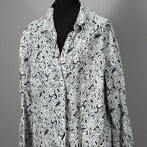 Charter Club: Floral Button Up Long Sleeve Linen Top Navy Blue print